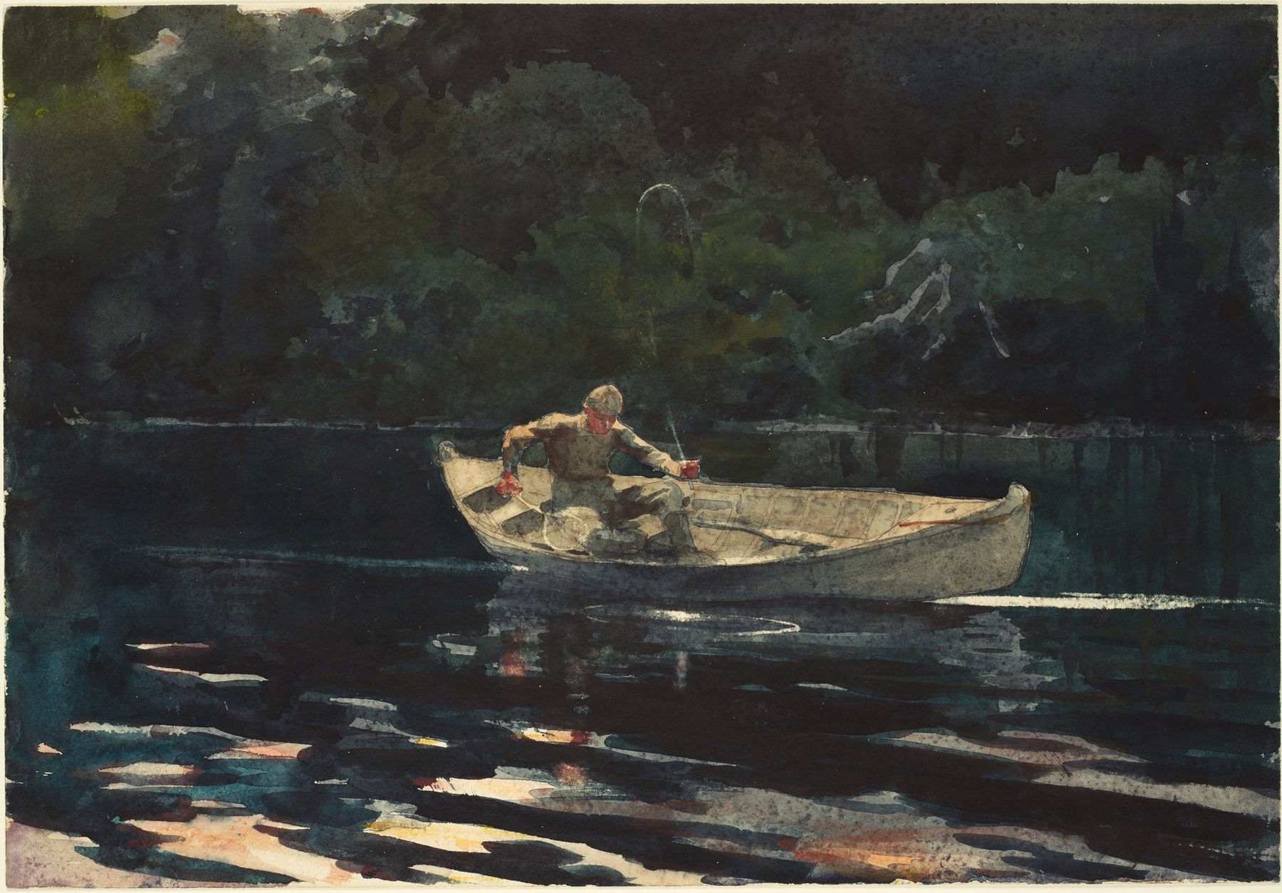 Watercolor of an angler casting from a small boat under a dark wooded shoreline, painted by Winslow Homer in 1889.