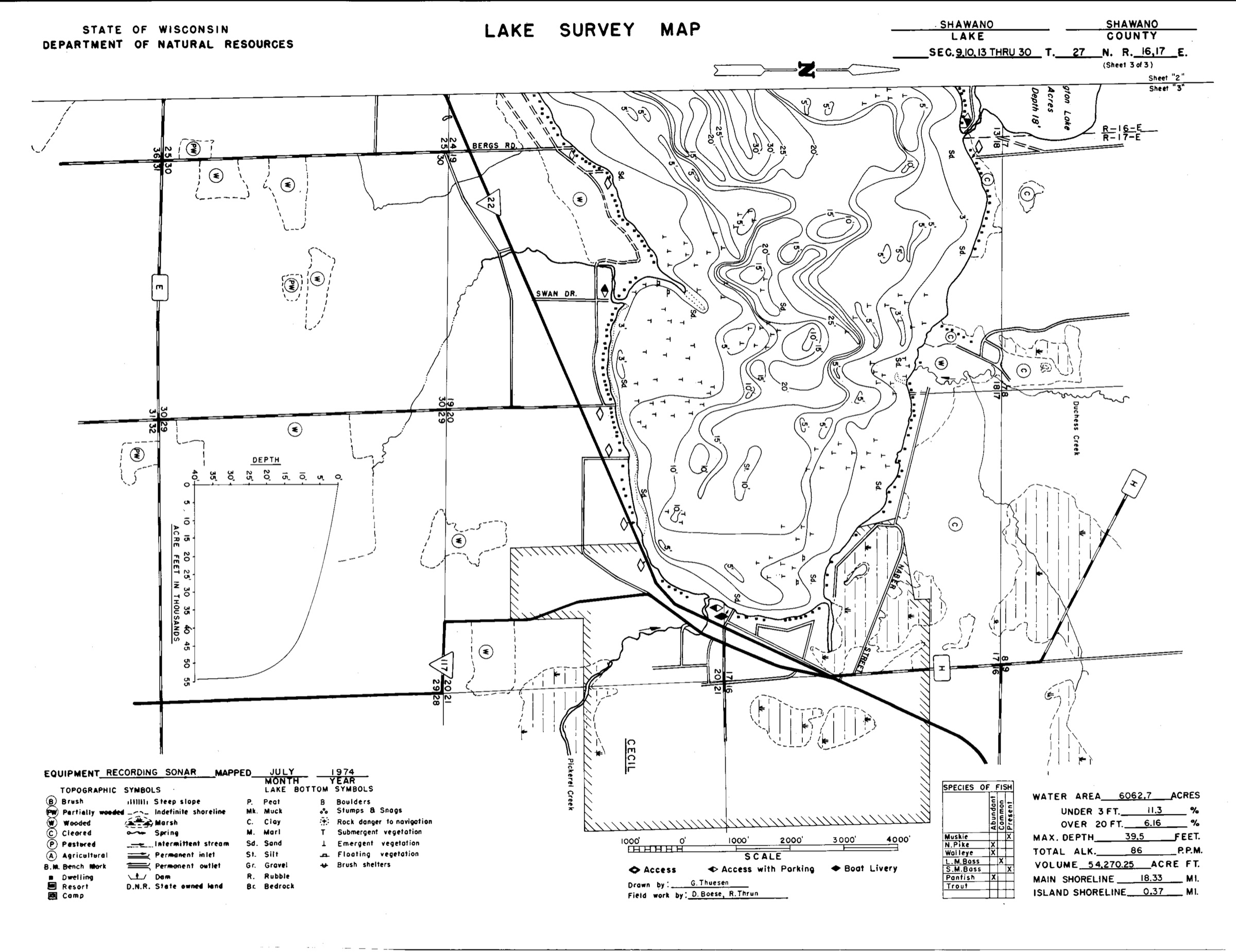 Wisconsin DNR lake survey map of Shawano Lake, sheet 3 of 3: the east end and cecil bay.